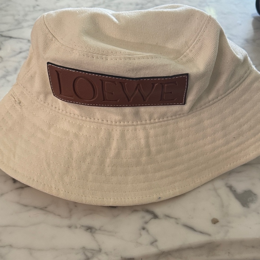 Loewe Off-White Bucket Hat with Brown Logo Patch